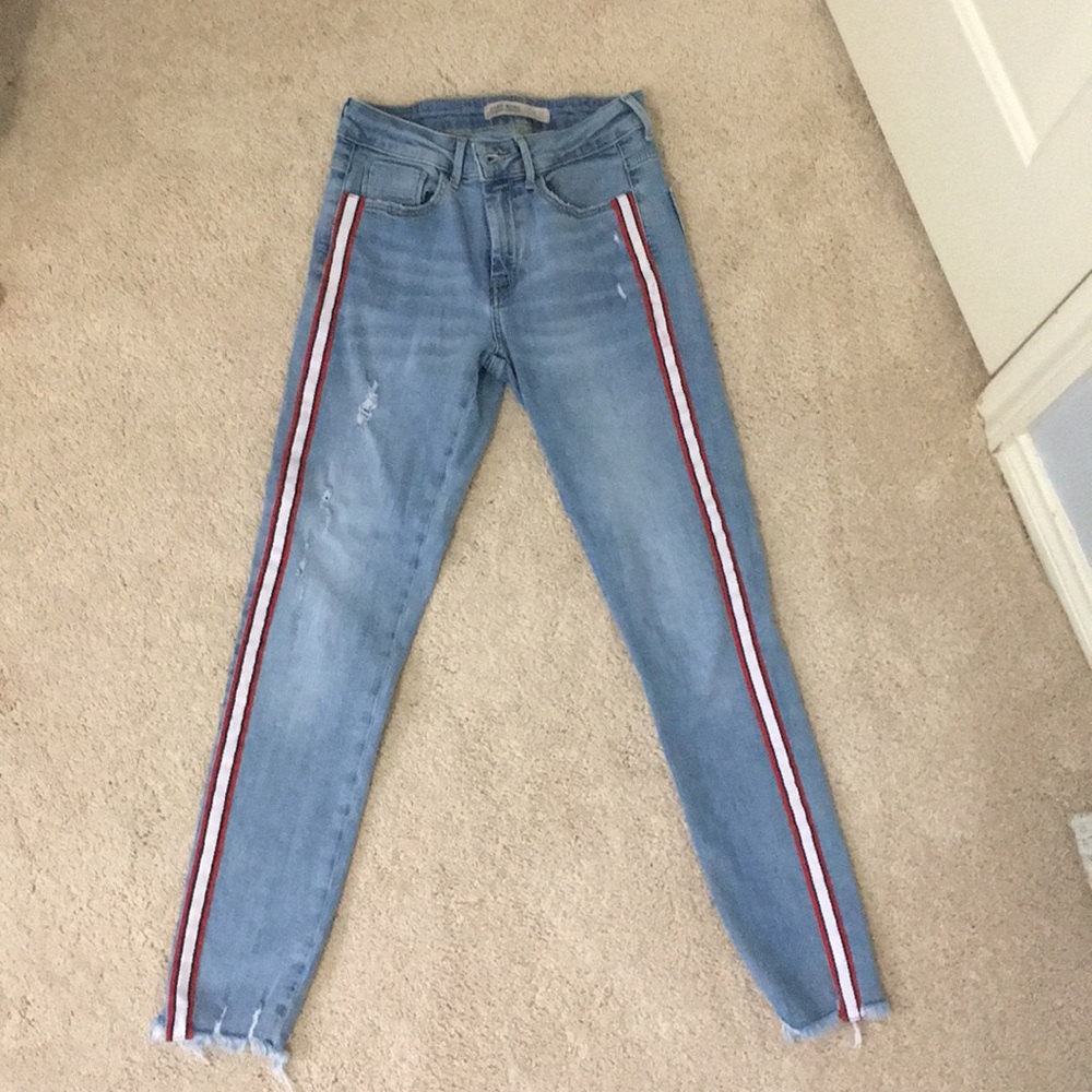 STRIPED ON THE SIDE  BLUE SKINNY JEANS